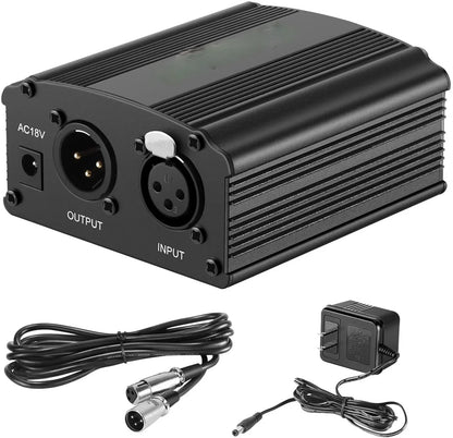 48V Phantom Power Supply Kit - XLR 3-Pin Microphone Cable & Adapter for Condenser Recording Mics