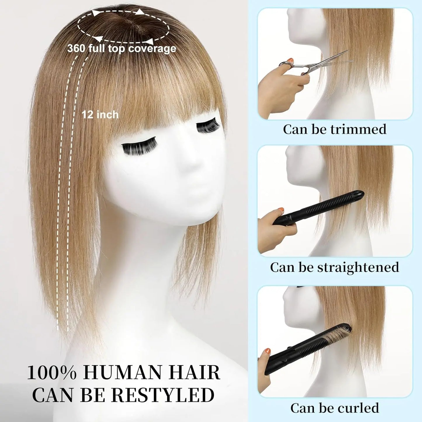 12 Inch Real Human Hair Topper with Bangs – Ombre Light Brown Silk Lace Base, 3-Clip Hair Extension for Women