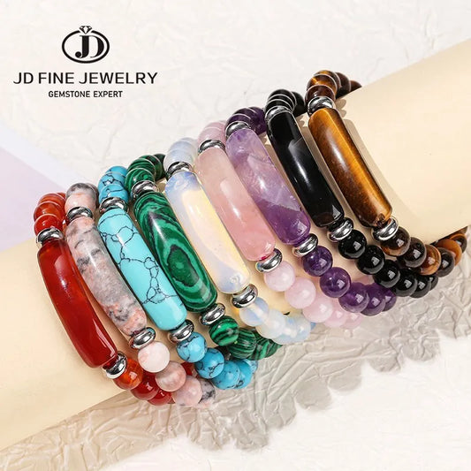 JD Natural Stone Tiger Eye & Amethyst Rectangle Bar Charm Bracelet – Healing Crystal Rough Chakra Jewelry for Men & Women Elastic Wrist Band