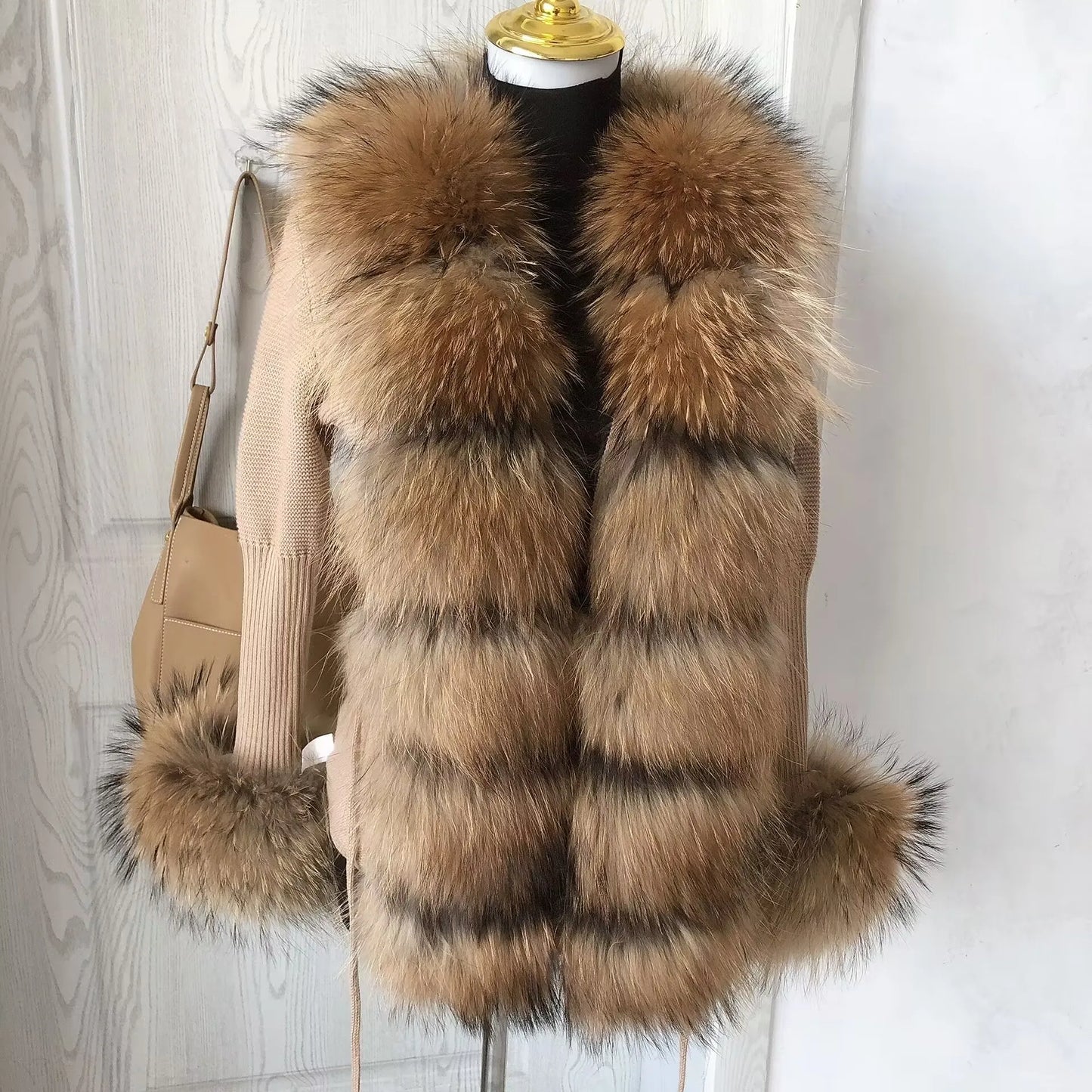 Women’s Spring & Autumn Sweater Cardigan – Real Fox Fur Collar Jacket, Natural Fur Outerwear
