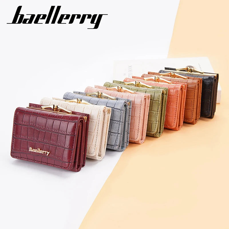 Baellerry Short Women’s Wallet — Crocodile Pattern Coin & Card Holder with Photo Slots, Hasp Purse for Girls