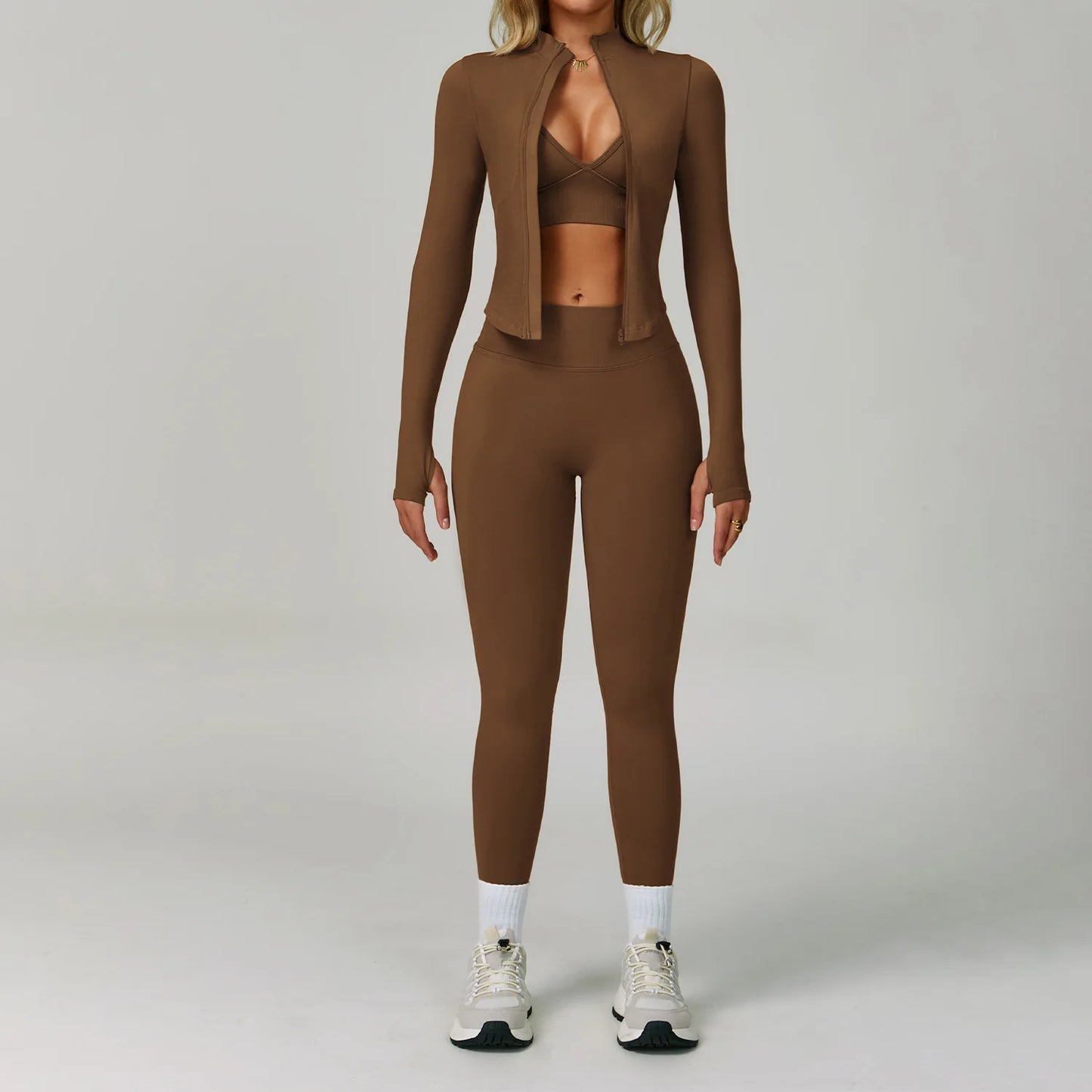 2/3PCS Women’s Seamless Yoga & Gym Set – Push-Up Sports Bra, Long Sleeve Jacket & Workout Leggings