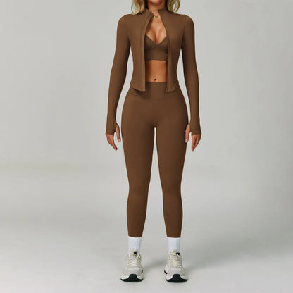 2/3PCS Women’s Seamless Yoga & Gym Set – Push-Up Sports Bra, Long Sleeve Jacket & Workout Leggings