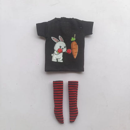 Handmade OB24 1/6 Blyth Doll Clothes – Cartoon T-Shirt with Striped Socks for 1/6 Doll Accessories