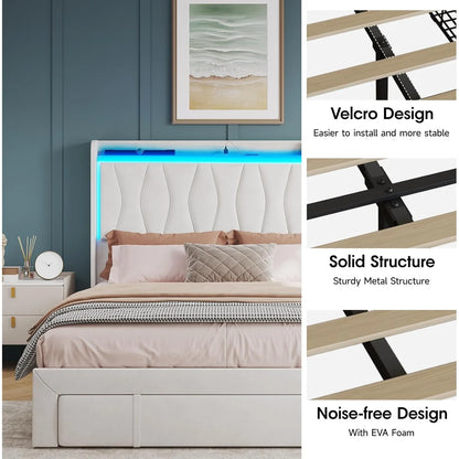 Queen Size Upholstered Platform Bed Frame with LED Lights, 3 Storage Drawers & USB Charging Station – Velvet Finish