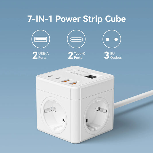 7-in-1 EU Power Strip Surge Protector – 1.5m Extension Cord with 3 AC Outlets, 3 USB & 1 Type-C, Timed Desktop Charger