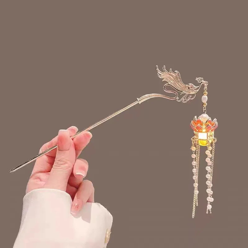 Luminous Lotus Flower Hairpin – Vintage LED Hair Stick with Lantern Tassel for Women and Traditional Hairstyles