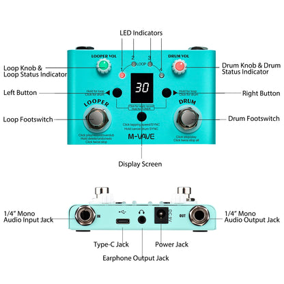 M-VAVE LOST TEMPO Effect Pedal – 2 in 1 Drum & Looper Mini Pedal with Double Footswitch, Drum Machine Pedal