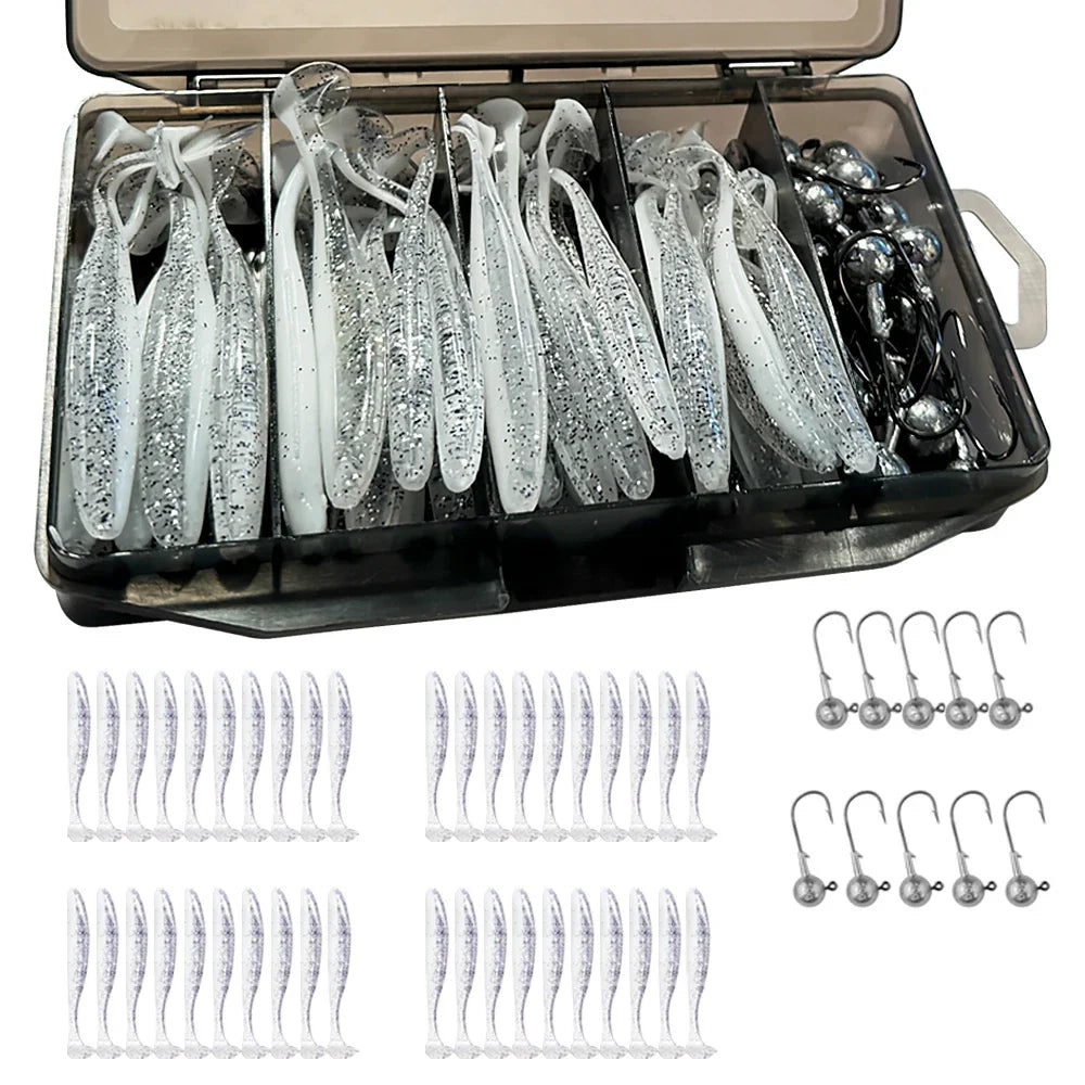50PCS Metal Jig Fishing Lure Set – Soft & Sinking Swimbaits 3g–14g (5.5–10cm) Jigging Head Hooks in Tackle Box for Bass Fishing