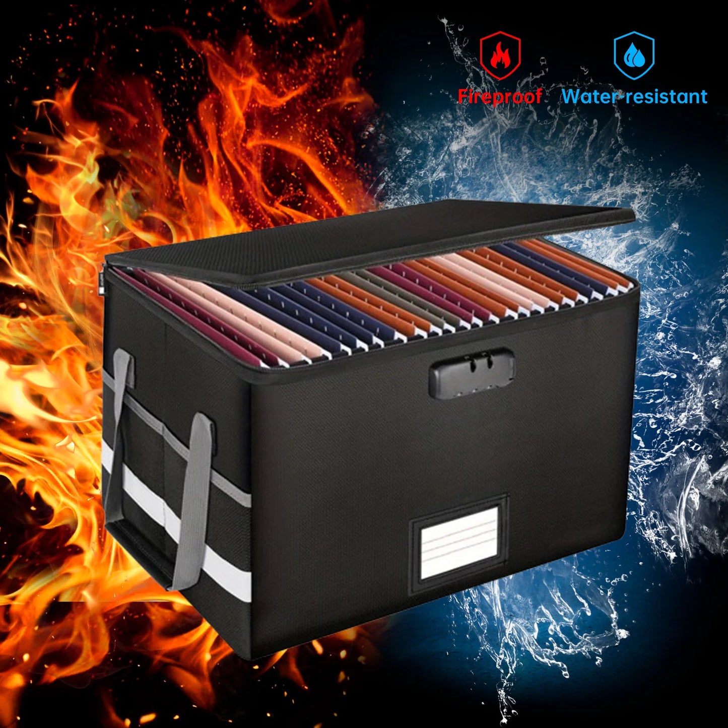 Fireproof Waterproof File Organizer – Large Capacity Black Foldable Storage Box with Handle & Combination Lock