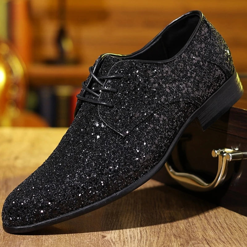 Men’s Luxury Sequin Oxford Dress Shoes - Gold & Silver Lace-Up Wedding Flats Large Size