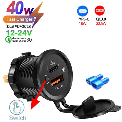USB Car Charger 12/24V - Dual Socket PD3.0 & QC3.0 Fast Charging Station with LED Voltmeter Switch