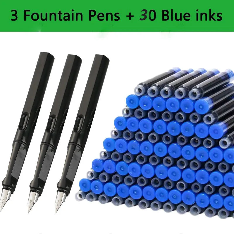 33PCS Kawaii Fountain Pen & Ink Set - Black Blue Red EF 0.38mm Replaceable Ink Pens for School Office Writing Supplies