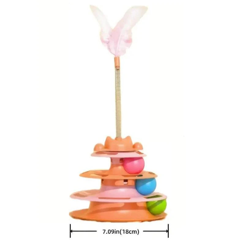 Interactive Cat Toy Tower - Kitten Turntable Track Roller Balls & Feather Training Toy