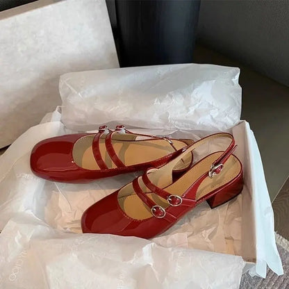 2025 Women’s Burgundy Mary Jane Shoes – Square-Toe Patent Leather Chunky Heel with Double Buckle