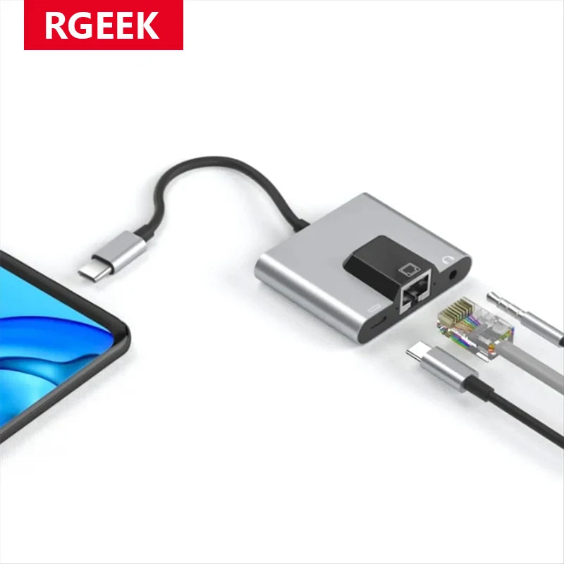 RGEEK USB-C to Ethernet Adapter Hub — Type-C to LAN, 3.5mm Audio & PD Charging Dock for iPhone & Android