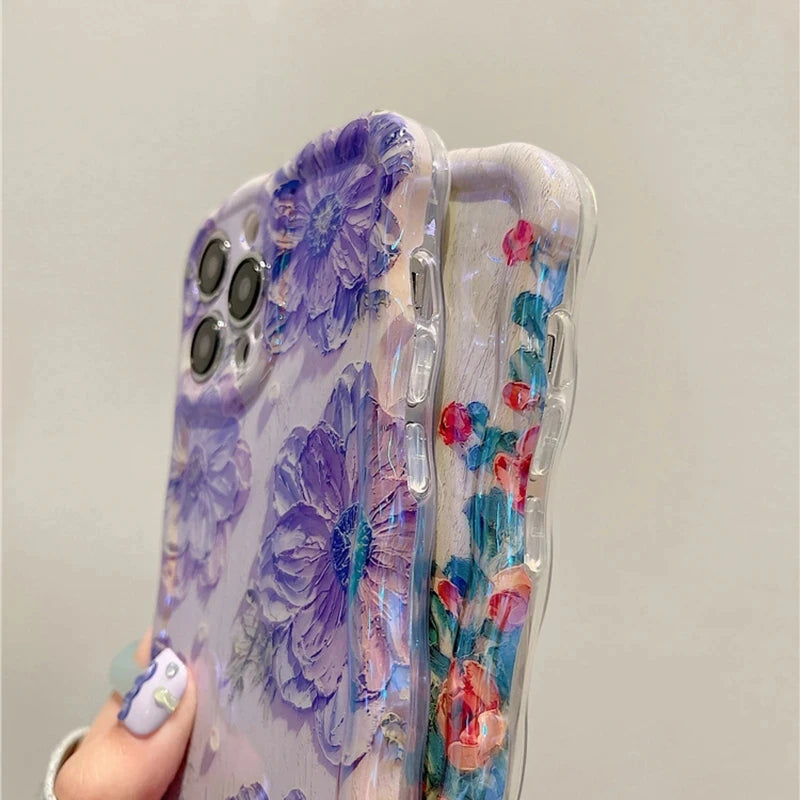 Laser Blue Light Flowers Phone Case for iPhone 11 to 14 Pro Max – Luxury Shockproof TPU Soft Silicone Cover