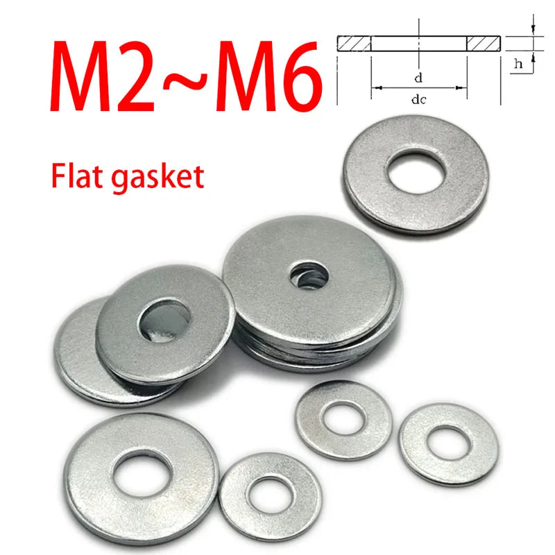 5-100PCS M2-M6 Flat Washers — Carbon Steel White Zinc Plated Washers
