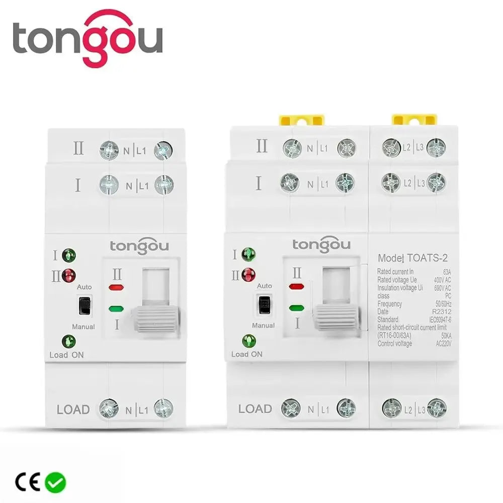 TONGOU Din Rail 2P 4P ATS Dual Power Automatic Transfer Switch – Electrical Selector for Uninterrupted Power, 110V/220V, 63A