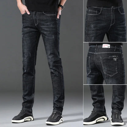 Men’s Casual Comfortable Jeans – Straight Loose Fit High Waist Elastic Trousers for All Seasons & Office Wear