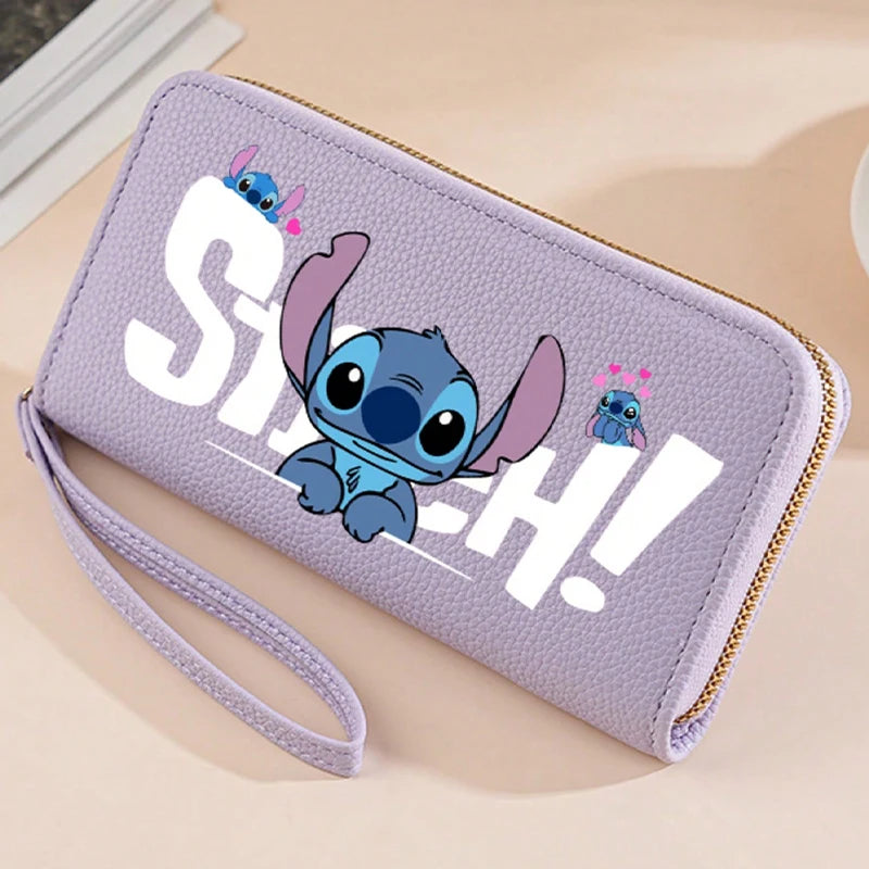 Stitch Long Zip Wallet for Women – Cute Cartoon Print with Wrist Strap, Soft Multi-Card Holder in 4 Colors