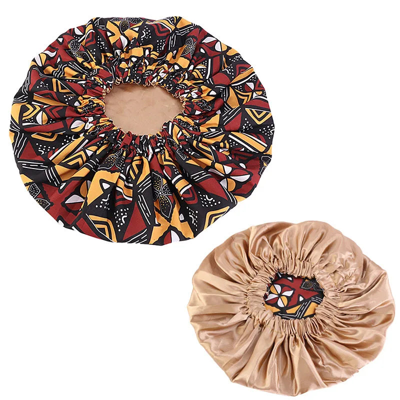 Women’s Double-Layer Satin Bonnet - African Ankara Floral Print Adjustable Reusable Sleep Cap for Hair Care