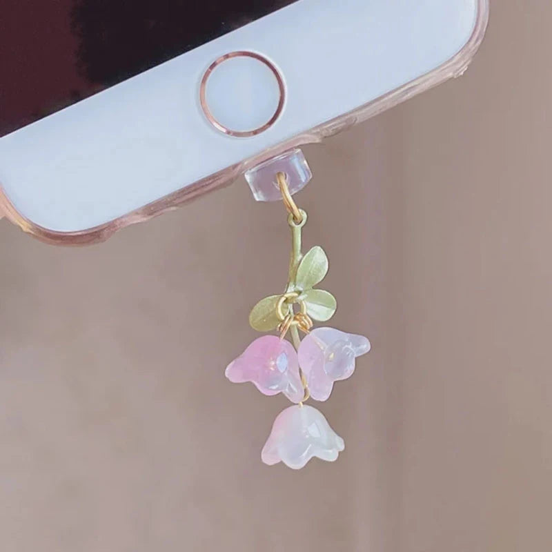 Pink Lily Flower Phone Charm - Cute Green Leaf Dust Plug Accessory for iPhone & Type-C Charging Ports