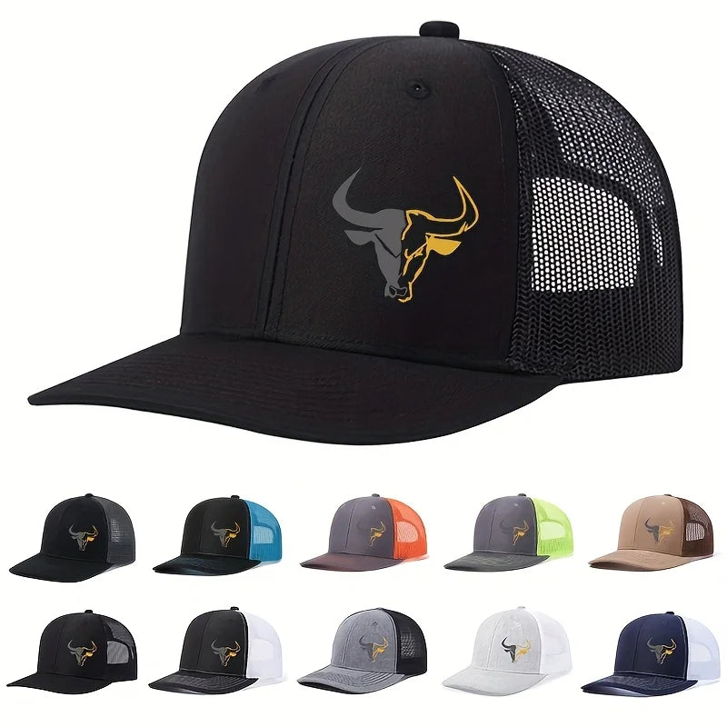 Bull Head Print Mesh Trucker Cap - Breathable Outdoor Baseball Hat for Men & Women Fishing Sports Style