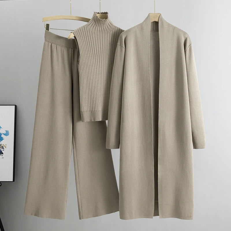 2025 Women’s 3-Piece Knitted Set – Elegant Winter & Autumn Cardigan, Sweater, and Wide-Leg Pants
