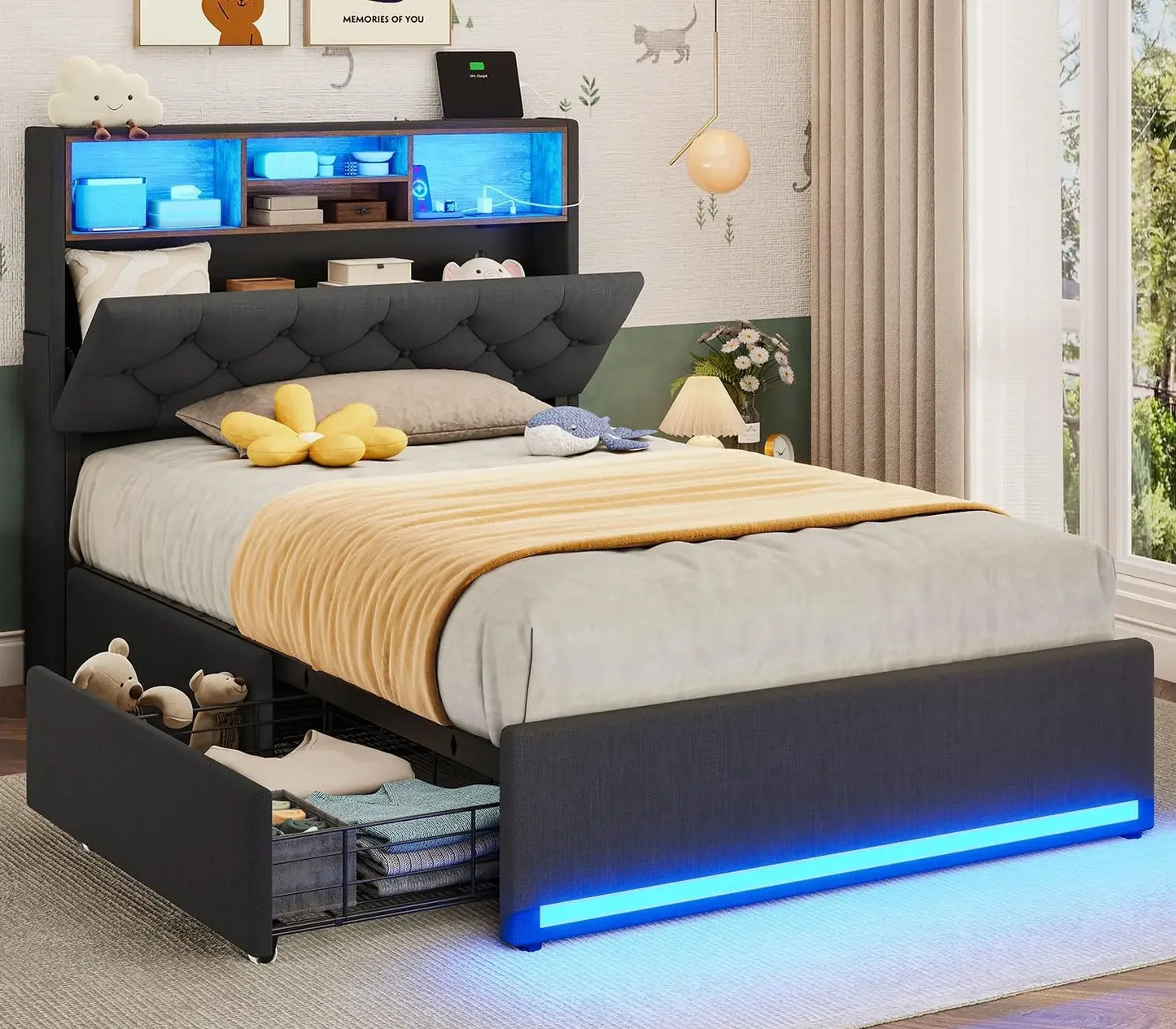 Queen Bed Frame with Headboard & 4 Drawers – LED Upholstered and Metal Bed with Charging Station, Twin & Queen Sizes