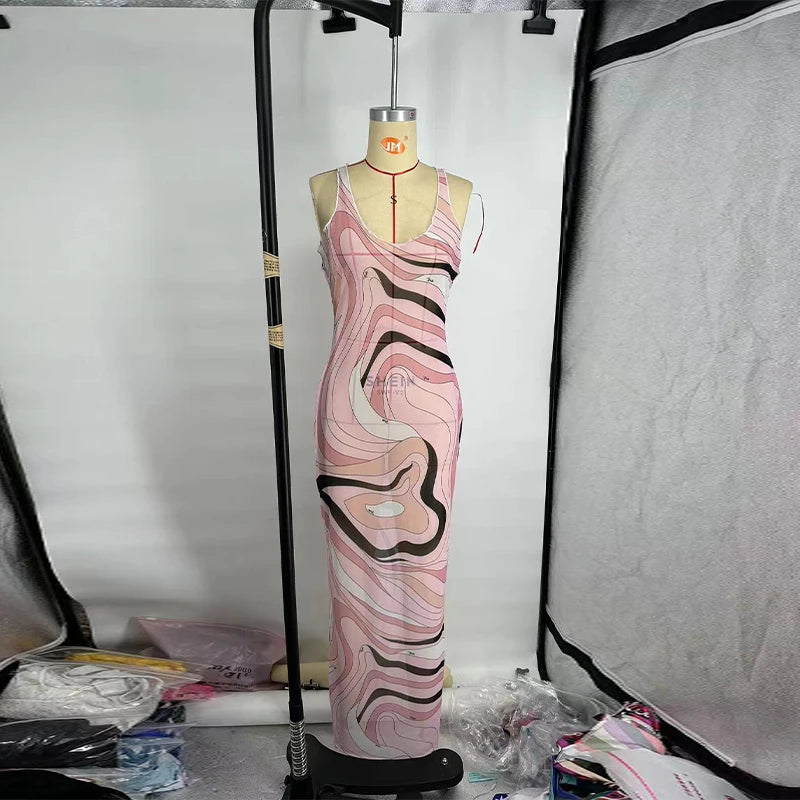 Women’s 2025 Summer Beach Dress – Long Spaghetti Strap O-Neck Dress with Print and Long Sleeves, Fashionable Summer Robe