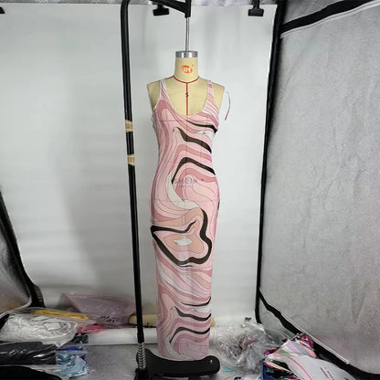 Women’s 2025 Summer Beach Dress – Long Spaghetti Strap O-Neck Dress with Print and Long Sleeves, Fashionable Summer Robe