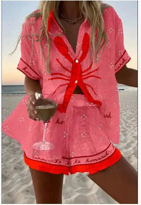Women’s Summer 2-Piece Set – Lapel Short-Sleeve Shirt & Shorts, Elegant Loose Printed Outfit