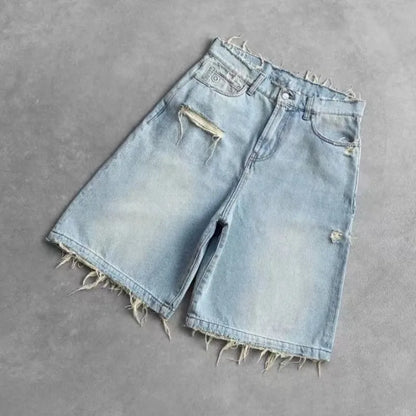 Deeptown Washed Ripped Short Jeans – Unisex Wide Leg Baggy Jorts with Hole Embroidery, Retro American Streetwear for Summer