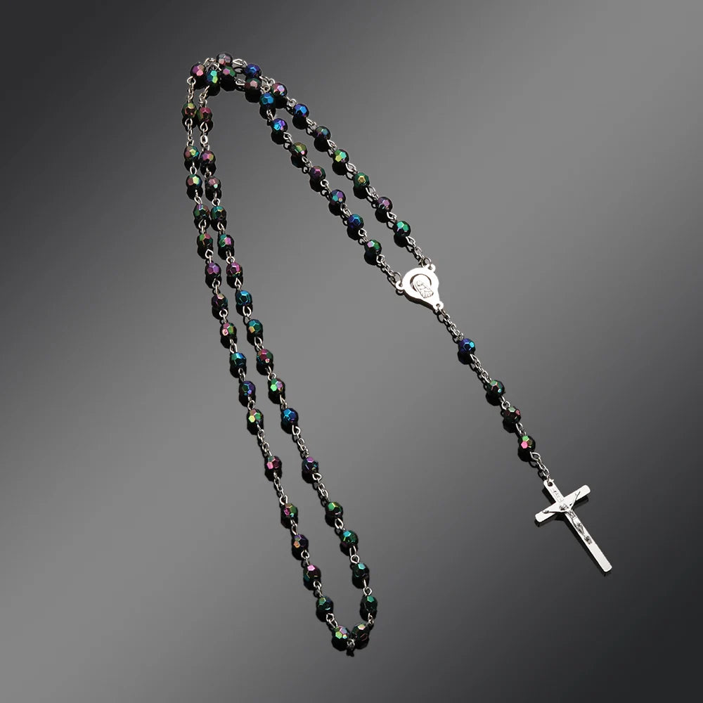 Rosary Beads Cross Necklace – Catholic Virgin Mary Pendant Chain Religious Jewelry Gift for Men & Women Prayer Charm