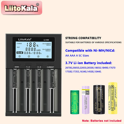 LiitoKala Lii-M4/Lii-M4S Battery Charger – 5V Plug (EU/AU/UK/US) for 3.7V Li-Ion & 1.2V AA/AAA/C Batteries (18650, 26650, 21700, 14500, 18350, 17500)
