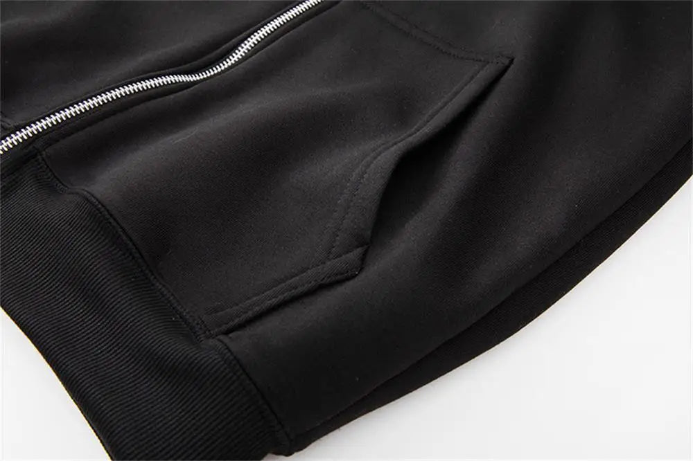 Men’s Harajuku Zip-Up Hoodie Jacket – Retro Black Oversized Long Sleeve Sweatshirt Coat