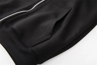 Men’s Harajuku Zip-Up Hoodie Jacket – Retro Black Oversized Long Sleeve Sweatshirt Coat