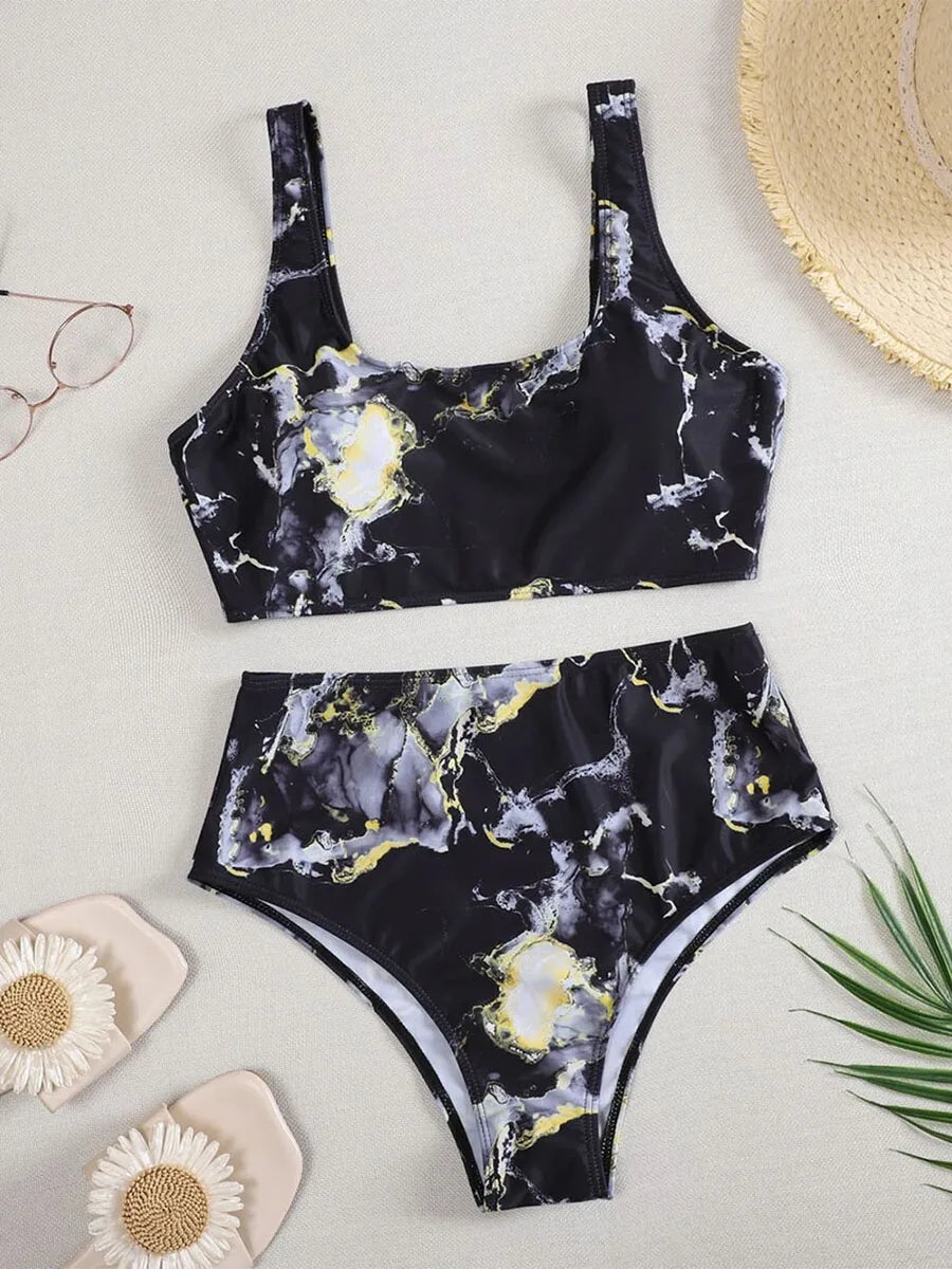 Women’s Marble Print Bandeau Bikini Set - Push Up High Waist Sport Swimsuit Beachwear
