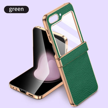 Cowhide Leather Samsung Galaxy Z Flip Case — Luxury Hinge Protection Cover with Tempered Glass for Flip 5/6/7