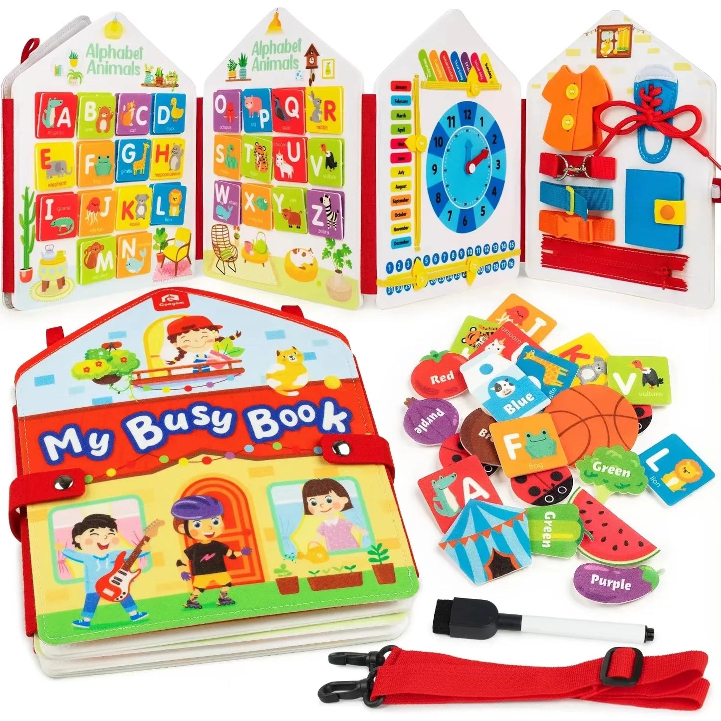 Toddler Montessori Busy Board – Dinosaur Dress-Up, Learning & Sensory Activities, Travel Toy & Life Skills Backpack