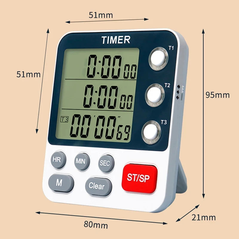 3 Channel Digital Kitchen Timer – Count Up/Down with LCD Display, Adjustable Volume & Mute Flashing Alarm