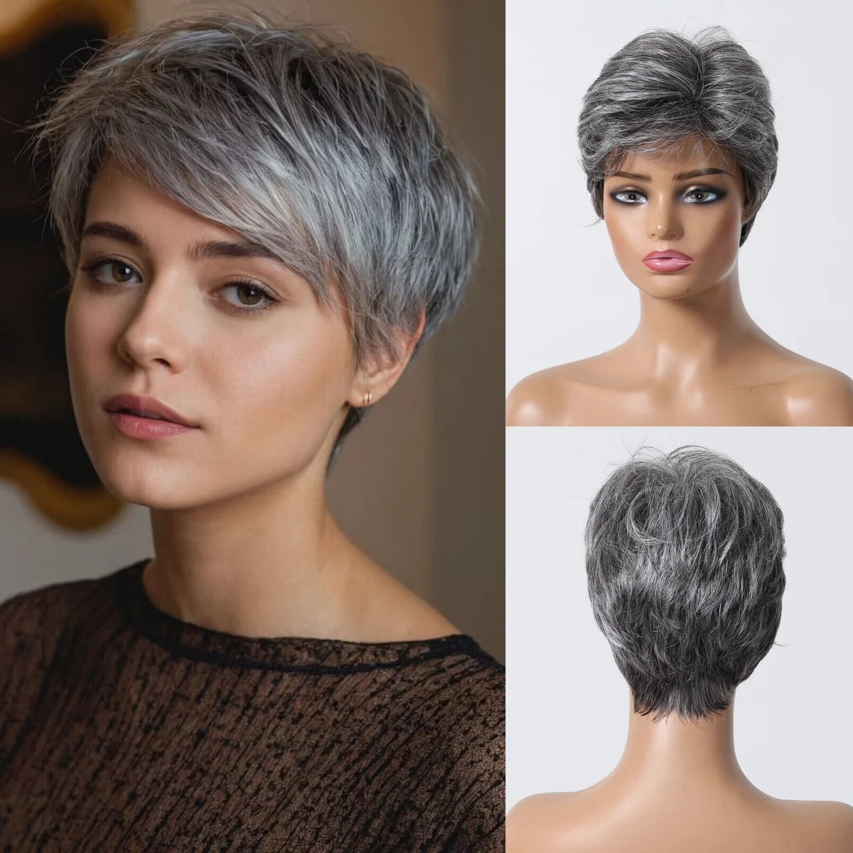 Short Pixie Cut Grey Human Hair Wig – 8 Inch Layered Fashion Wig for Women, Daily Use, Machine Made