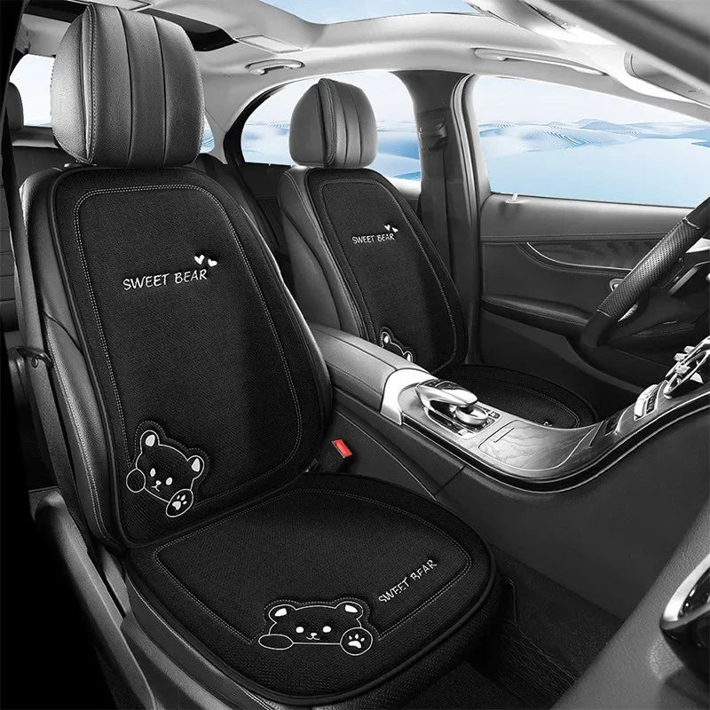 Universal Cartoon Bear Linen Car Seat Cushion - Cute, Breathable, Anti-Slip Seat Protector for Women and Everyday Driving