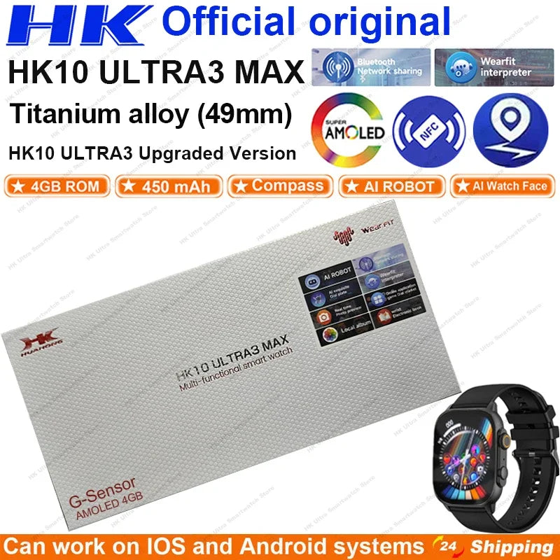 HK10 ULTRA 3 MAX Smartwatch 2025 — 49mm HD AMOLED, 4G Bluetooth Call, NFC, Compass & Chat Robot for Men & Women