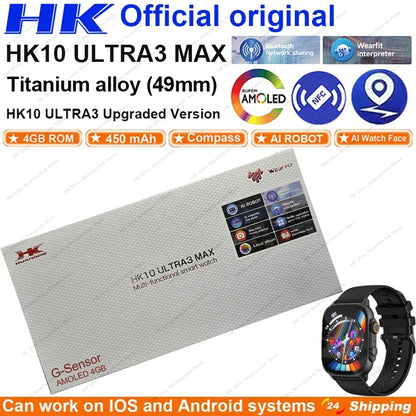 HK10 ULTRA 3 MAX Smartwatch 2025 — 49mm HD AMOLED, 4G Bluetooth Call, NFC, Compass & Chat Robot for Men & Women