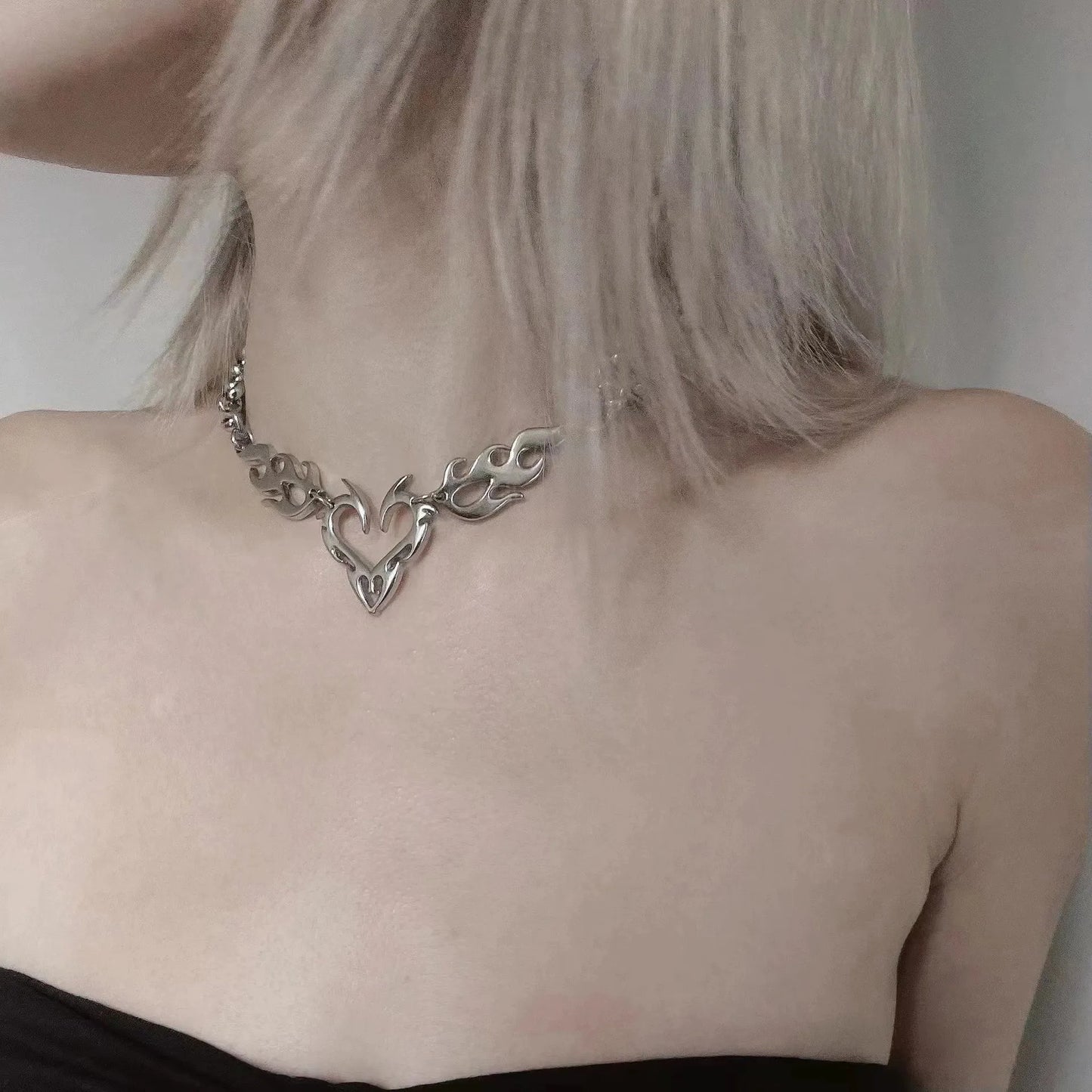 Y2K Punk Silver Flame Heart Pendant - Hip Hop Party Necklace Jewelry Gift for Women
