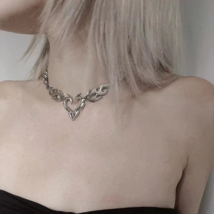 Y2K Punk Silver Flame Heart Pendant - Hip Hop Party Necklace Jewelry Gift for Women
