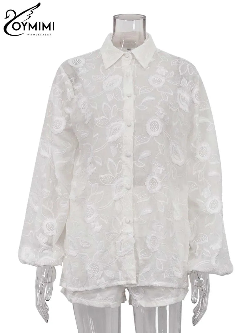 Oymimi Women’s Summer 2-Piece Cotton Set – White Jacquard Button Shirt & High Waist Shorts Casual Outfit for Women