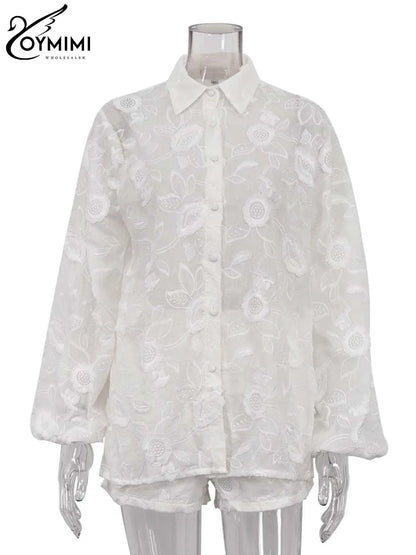 Oymimi Women’s Summer 2-Piece Cotton Set – White Jacquard Button Shirt & High Waist Shorts Casual Outfit for Women